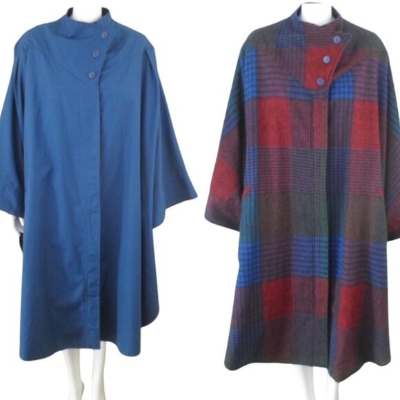 Vintage PORTRAIT Reversible Poncho Cape Blue Patchwork Plaid Print - Picture 1 of 12